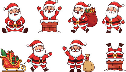 Cute Santa Claus Vector Illustration Set Featuring Various Poses Like Carrying Gifts, Sliding Down Chimney, Pulling Sleigh, and Waving for Festive Christmas Holiday Design Projects