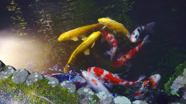 佐賀県の大興善寺にある池で華やかに群れて泳ぎ口を開ける美しい錦鯉たちの実景映像
