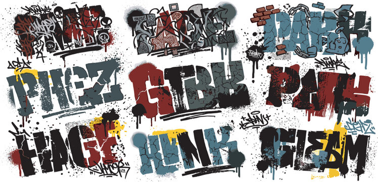 Urban graffiti text art collection with spray paint drips grunge splatters concrete brick wall textures and hip hop style vectors