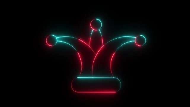 Glowing neon Jester joker Hat Icon Animation on Black Background. Neon Clown Hat with Bells. Casino gambling. Colorful Circus Festival, Masks and Party Elements, carnival character with joker hat ....