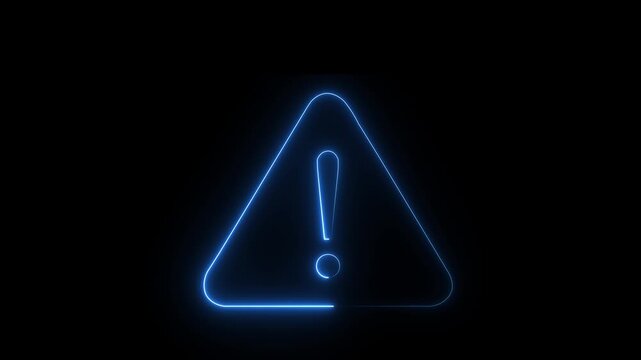 Glowing neon blue colour warning icon animation on black background.4k Animation Video .