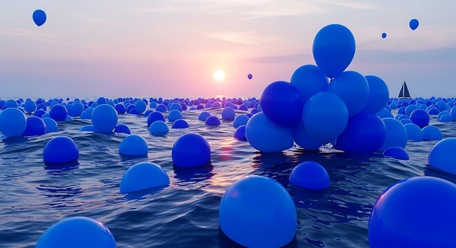 Surreal ocean landscape filled with floating blue balloons at sunset.