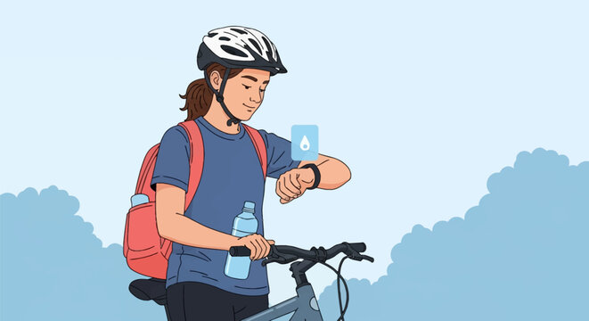 Vector illustration of a teenage girl in cycling gear checking a smartwatch hydration alert while standing with her bike, wearing a helmet, backpack, and holding a water bottle.