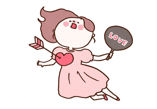 Woman swooning with an arrow through her heart holding a LOVE fan, falling in love or fan culture concept