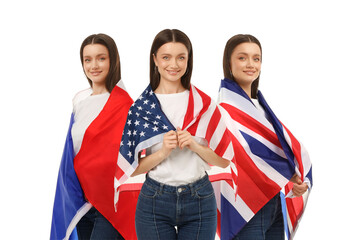 Obraz premium A young woman proudly displays the USA and UK flags, celebrating diversity and travel, PNG