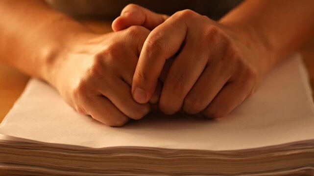 Clasped hands resting on a stack of papers under warm light.