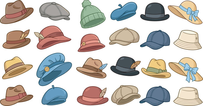 Vintage and modern headwear collection featuring colorful classic hats fedoras berets bowler hats baseball caps and sun hats vector illustrations set