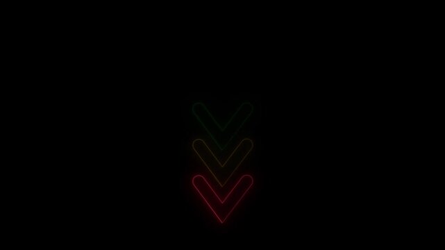 Four Neon Arrows Pointing Downward in Rainbow Colors on a Black Background direction