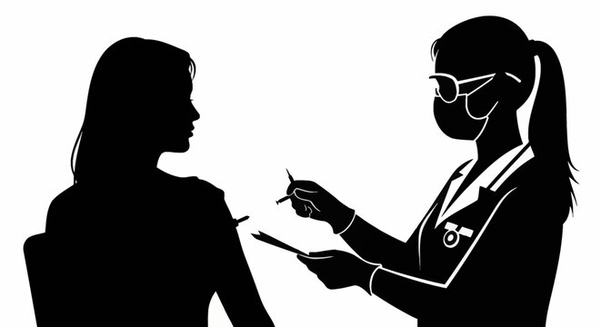 Black and white silhouette of a female healthcare worker in PPE holding a syringe and clipboard while administering a medical injection to a seated female patient profile.