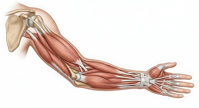 Human arm anatomy with exposed muscles and skeleton