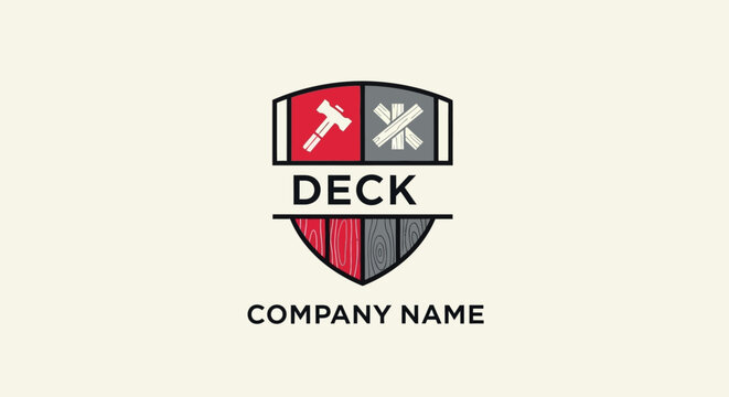 Modern shield logo for deck construction and repair services, featuring carpentry and handyman tools alongside 'DECK' text, symbolizing craftsmanship, quality, and reliability