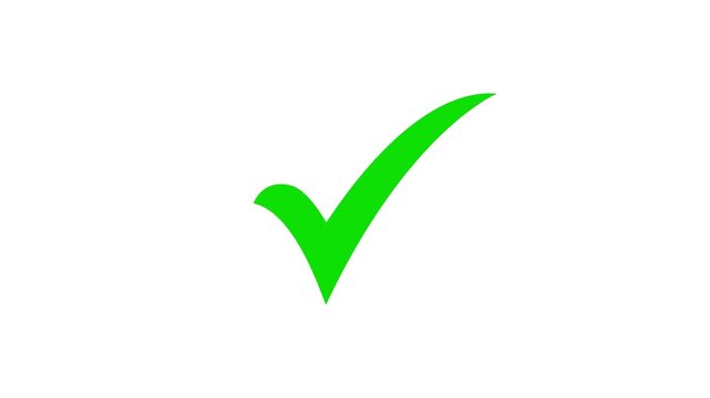 Green check mark animation on white background, approved symbol for business success and task completion 4k loopable with alpha channel