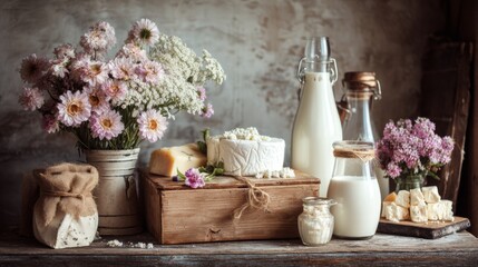Obraz premium Rustic Still Life Arrangement Featuring Milk, Cheese, Fresh Flowers, and Natural Ingredients in Cozy Farmhouse Setting