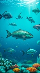 Obraz premium Vibrant Underwater Scene with Tropical Fish and Coral Reef.