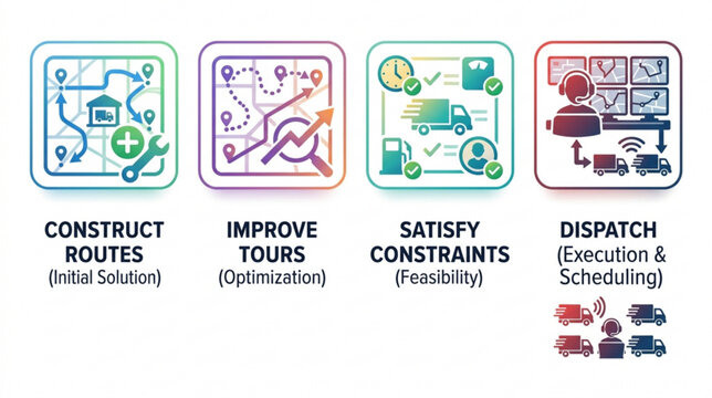 The optimization process involves constructing routes, improving tours, and satisfying constraints for efficient dispatch execution and scheduling with vehicles.