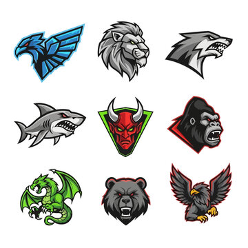 Esports Mascot Emblems: Eagle, Lion, Wolf, Shark, Devil, Gorilla, Dragon, Bear, Hawk