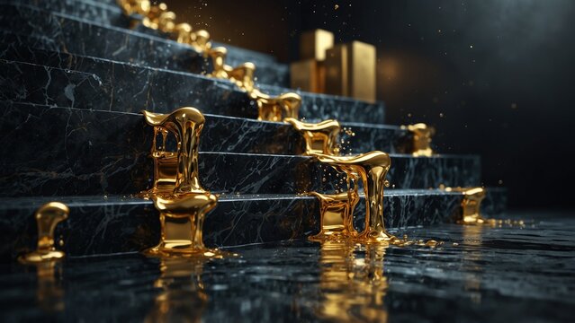 Black and gold bathroom with lot of shiny gold fixtures, digital art illustration - Generative AI