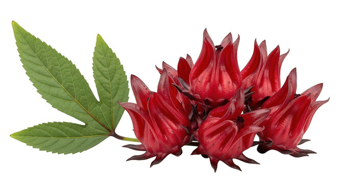 Fresh hibiscus sabdariffa or roselle fruits with green leaves isolated on transparent background