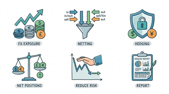 Financial risk management icons illustrate concepts like FX exposure, netting, hedging, net positions, reduce risk, and report in business.