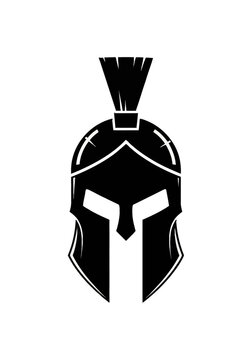 Minimalist black and white graphic illustration of a Corinthian style Spartan helmet with a horsehair plume crest, front view, ancient Greek warrior headgear, isolated icon.