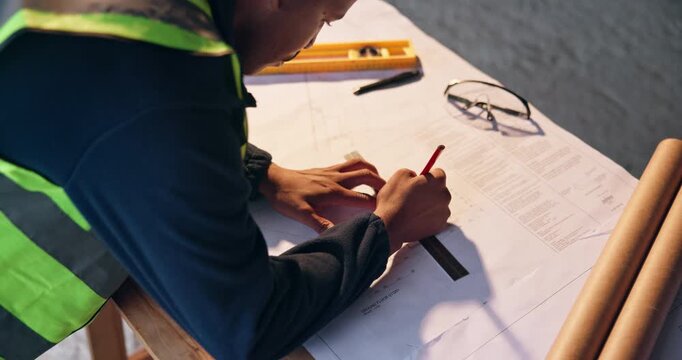 Hands, architect and writing with blueprint on construction site for building design or planning. Top view, male person or civil engineer with ruler, measurement or tools for architecture project