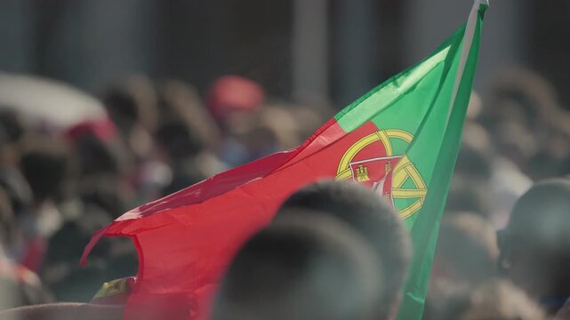 Portuguese flag waving in a crowd of supporters