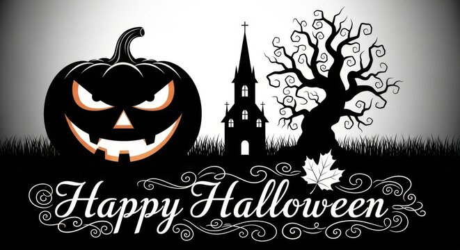 Happy halloween greeting card design with a spooky pumpkin, haunted church, and twisted tree