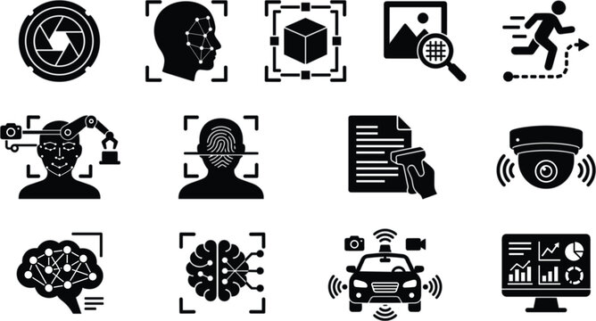Black Computer Vision AI Facial Fingerprint Recognition Object Detection Smart Camera Icon Collection Vector Illustration Set