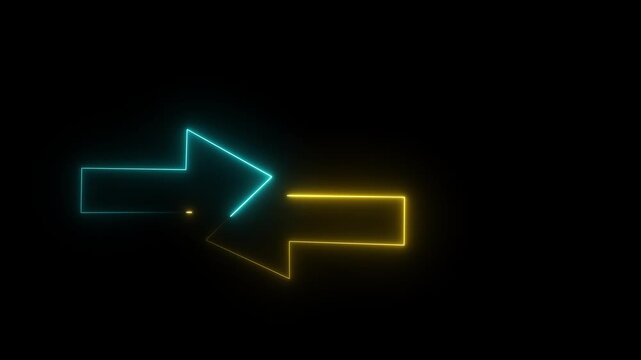 Neon yellow and cyan arrows. Glowing left and right pointer signs on black background. Direction arrow symbol for black screen background. Neon illustration arrow icon.4k video.