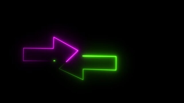 Neon purple and green arrows. Glowing left and right pointer signs on black background. Direction arrow symbol for black screen background. Neon illustration arrow icon.4k video.