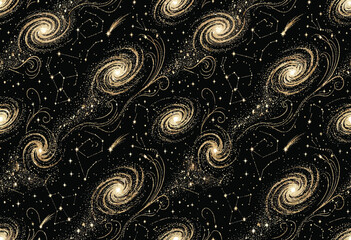 Elegant Celestial Seamless Pattern with Golden Spiral Galaxies, Stars, and Constellations on Black Background. Luxurious Vintage Universe Illustration for Textile, Fabric, and Wallpaper. © Masum