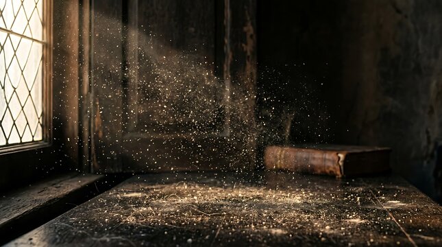 Abandoned room with debris and dust.