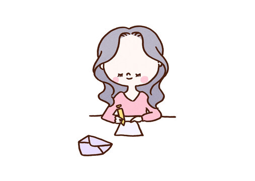 Woman smiling while writing a letter with a pen, love letter or communication concept