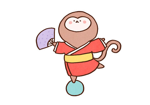 Monkey in a kimono holding a folding fan and standing on one leg on a ball, monkey show or traditional Japanese performance concept