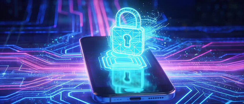 Cybersecurity Cybersecurity shield digital data protection with glowing green cyber defense security firewall network security, padlock hologram above smartphone circuit board, mobile phone cyber