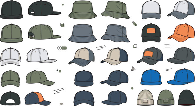 Modern headwear mockup collection with baseball caps snapbacks trucker hats bucket hats and winter beanies in front side back views vector template set
