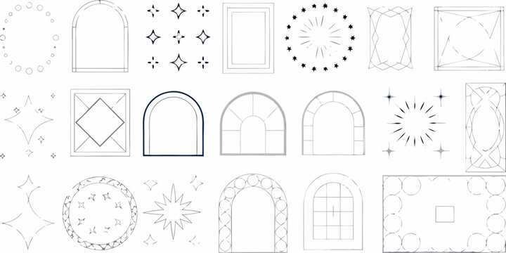 Collection Of Minimalist Line Art Window Frames And Starbursts On White