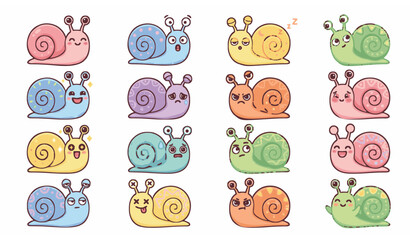 A cartoon style vector illustration featuring a collection of cute snails arranged in a clean grid layout. Each snail has a different facial expression such as happy, surprised, sleepy, and curious. T © MstLutfa