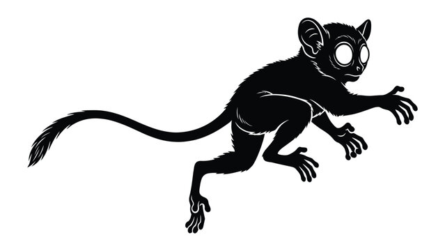 Tarsier silhouette captures the primate with large eyes in a dynamic jumping motion.