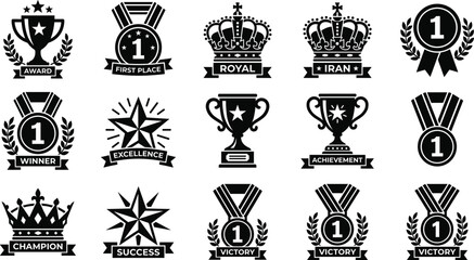 Fototapeta premium Vector Award Icon Set Featuring Trophy Cups Royal Crowns Stars and Winner Medals