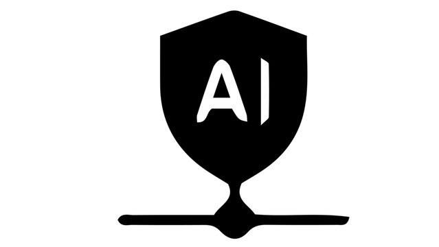 Artificial intelligence security shield icon, black AI protection symbol vector, cyber security and data safety logo for technology branding
