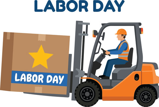 Flat vector illustration of a warehouse worker driving an orange forklift carrying a Labor Day box