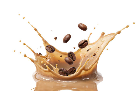 Roasted coffee beans falling into a splash of creamy latte or milk on a plain , dynamic liquid motion and brown coffee tones