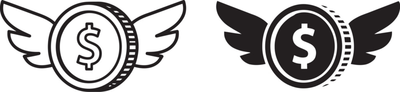 Black and white dollar sign icon with wings symbolizing money growth or success vector illustration representing financial freedom, wealth expansion and profitable business opportunities.