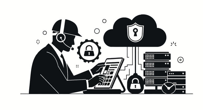 IT specialist in helmet with headset using tablet to manage cloud security, server infrastructure, data protection, and network encryption icons in flat black and white vector style.