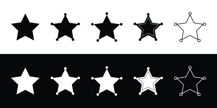 Five pointed star shapes collection featuring solid outline and sheriff badge styles vector set