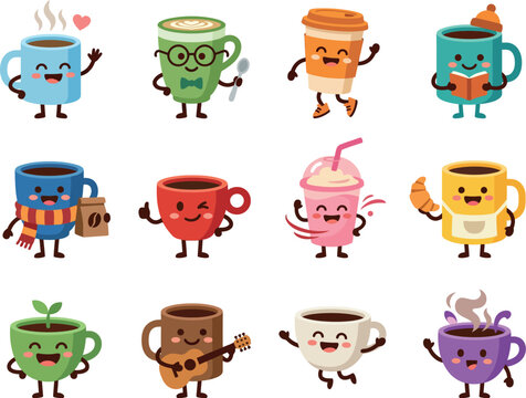Cartoon coffee cups, colorful mug characters, animated beverages, funny tea icons