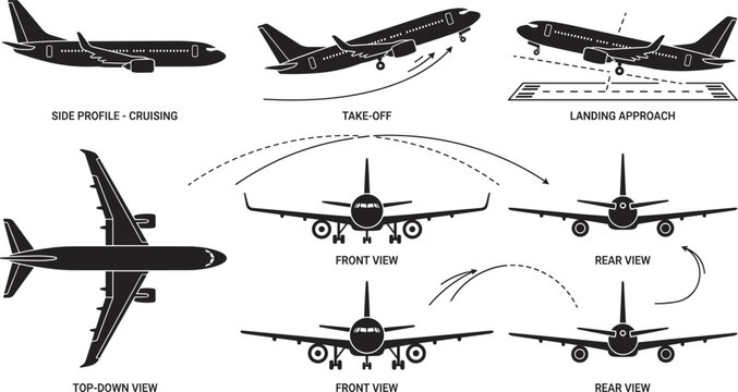 Airplane aircraft silhouette collection showing different flight phases including take-off landing cruising and multiple view angles front rear top-down vector set
