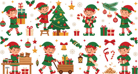 Fototapeta premium Cute Christmas Elf Vector Character Set with Santa Helpers, Holiday Trees, Gift Boxes, Toys, and Festive Winter Elements for Greeting Card Designs