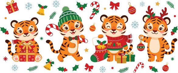 Obraz premium Cute Christmas Tiger Character Clipart Set with Festive Holiday Elements, Gift Boxes, Stocking, Candy Canes, and Snowflakes Vector Illustration